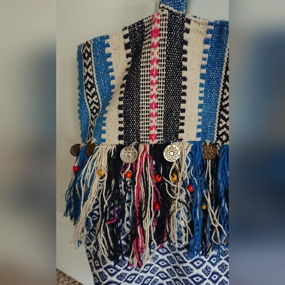 America & Beyond Boho Embroidered Tassel Blue and White Tote Bag
